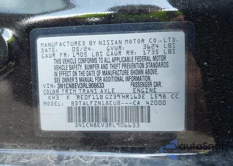 2024 Nissan Versa 1.6 Sv from USA, damaged, VIN 3N1CN8EV3RL906633